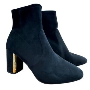 Coach Suede Sock Ankle Boot Women 9 Gold Logo Block Heel Luxe Chic Romantic Noir